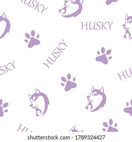 Pattern - husky silhouette. Very beautiful dog with text and paw prints. Lilac color