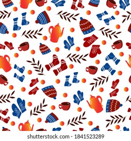 Pattern with hygge elements - teapot with a cup, hats, mittens, socks. Vector illustration. Hygge time 