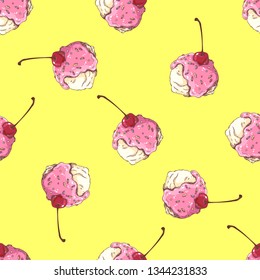 Pattern of ice cream ball in sweet syrup with cherry in doodle style for menu design