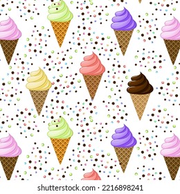 Pattern with ice cream and balls.Vector seamless pattern with colorful ice cream and confectionery sprinkles.