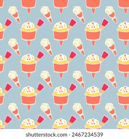 A pattern of ice cream cones with whipped cream on top. The cones are orange and white. The pattern is made up of many cones, some of which are overlapping. Scene is playful and fun