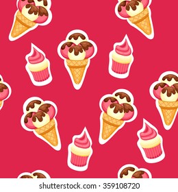 Pattern Ice Cream and Cupcake vector illustration. Background of texture strawberry and vanilla Ice Cream dessert and Strawberry Muffin.