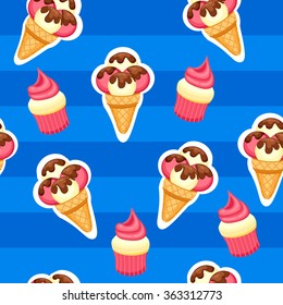 Pattern Ice Cream and Cupcake vector illustration. Background of texture strawberry and vanilla Ice Cream dessert and Strawberry Muffin.