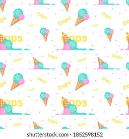 Pattern with ice cream. Delicious sweet ice cream fell. Ice cream ball and waffle cone
