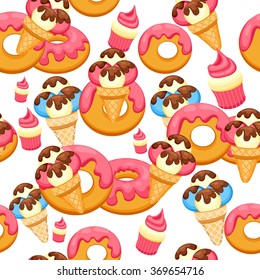 Pattern Ice Cream and donut with pink glaze vector illustration eps 10. Background of texture vanilla Ice Cream dessert.