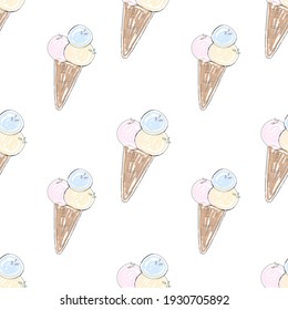 pattern with ice cream hands drawn.  vector illustration.  suitable for a nursery, pens, notebooks, cover, notebook, screensaver, wallpaper, shop.