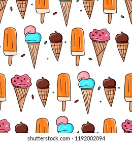 Pattern of ice cream icons on white background. Set of cute cartoon ice cream.