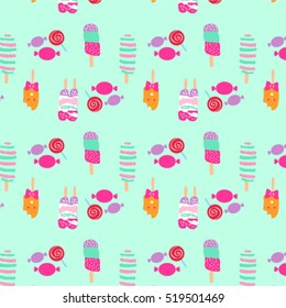 Pattern with ice cream on mint background. Can use for birthday card, the children's menu, packaging, textiles, fabrics, wallpaper