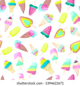 Pattern with ice cream on transparent background. Multicolored ice cream backround. Colorful pattern.
