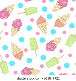 Pattern with ice cream and polka dots isolated on a white background