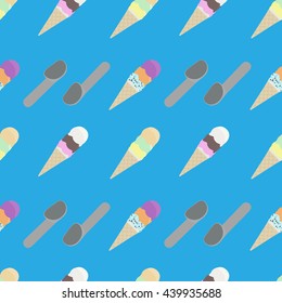 Pattern with ice cream, spoon for scoop. Vector illustration.