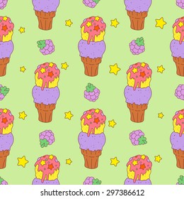 The pattern with ice cream and raspberriesÂ in the style of doodle.