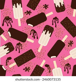 pattern with ice cream sundae in chocolate glaze with nuts on a stick on a pink background