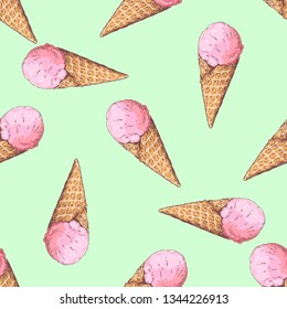 Pattern of ice cream in a waffle cone in the doodle style.