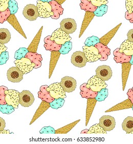 Pattern of ice cream in a waffle cone, three colors with sprinkles and wafers.