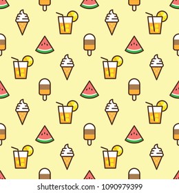 Pattern ice cream, watermelon slice, fruit cocktail on yellow background. Juicy watermelon, ice cream and cocktail on seamless pattern background