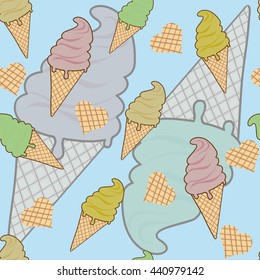 Pattern with ice-cream. Seamless texture with small and big colored ice cream cones and waffle hearts. 