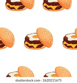 pattern with icon burger with wheat bun with congee and two beef patties and fried chicken egg and melted cheese, for World Burger Day