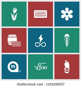 Pattern icon. collection of 9 pattern filled icons such as flower, measure tape, hair barrette, square root, lotto, water bottle. editable pattern icons for web and mobile.