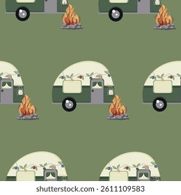 pattern with an icon of a green camping trailer and a bright campfire with gray stones around it on a green background