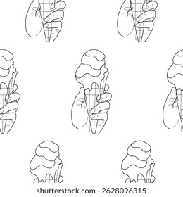 pattern with an icon of melting ice cream in a waffle cup flowing down your hands, in line art style
