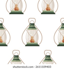 pattern with an icon of an oil lamp for hiking or camping with a bright light inside and a long handle
