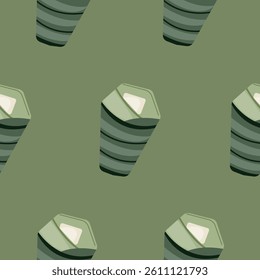 pattern with icon of protective sleeping bag for protection on a hike or camping on a green background