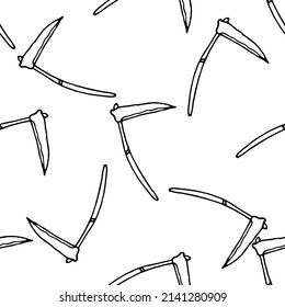 ein Muster eines Symbols mit einem Scythe. Ein nahtloses Muster aus dem alten Scythe-Tool, das im Doodle-Stil gezeichnet wird, ein isolierter schwarzer Umriss wird oft und zufällig auf weiß für eine Designvorlage platziert. 