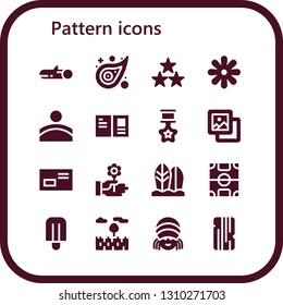 pattern icon set. 16 filled pattern icons.  Collection Of - Wood, Pattern, Star, Flower, Convex, Postcard, Background, Letter, Surfboard, Football field, Popsicle, Prairie, Rasta