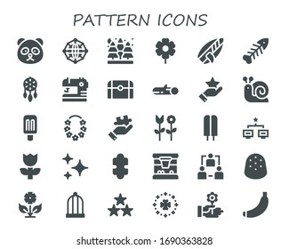 pattern icon set. 30 filled pattern icons.  Simple modern icons such as: Panda bear, Network, Spruce, Flower, Surfboard, Fishbone, Ornament, Sewing, Treasure, Wood, Star, Snail