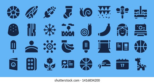 pattern icon set. 32 filled pattern icons. on blue background style Collection Of - Basketball, Gumdrop, Popsicle, Postcard, Surfboard, Wood, Convex, Biscuit, Rose, Snowflake
