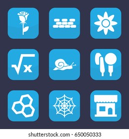 Pattern icon. set of 9 filled pattern icons such as snail, beauty salon, spider web, rose, microphone, flower, brick wall, square root