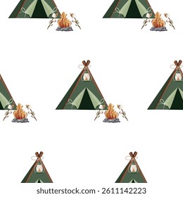 pattern with an icon of a small, covered tent for hiking or camping and a bright bonfire and marshmallow on a stick