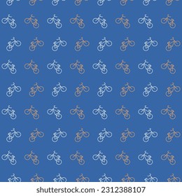 Mustersymbole von Fahrrädern fahren auf dem Hinterrad. Nahtlos auf blauem Hintergrund drucken. Radfahren, Spinnräder. Fahrt mit dem ökologischen Transport. Vektorgrafik.