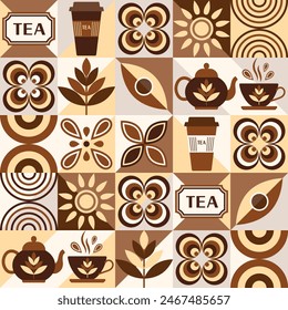 Pattern with icons for Black tea, design elements in simple geometric style. Seamless background with abstract shapes. For branding, decoration of food package, cover design, textile kitchen prints