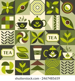 Patrón con iconos para té verde, Elementos de diseño en estilo geométrico simple. Fondo inconsútil con Formas abstractas. Para la marca, decoración del paquete de alimentos, diseño de la cubierta, estampados de cocina textiles