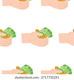 padrão com ícones de uma mão humana segurando moedas de ouro e notas de papel verde numa palma aberta, para desenhos temáticos sobre negócios, bancos e finanças