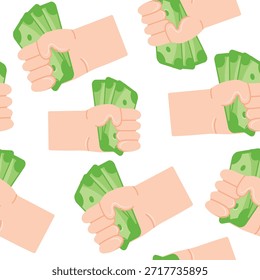 pattern with icons of a human hand holding green banknotes in a fist and green banknotes, for thematic designs on the topic of business, banking and finance