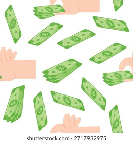pattern with icons of a human hand holding green paper banknotes with its fingers, for thematic designs on the topic of business, banking and finance