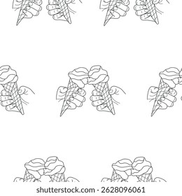 pattern with icons of human hands holding cones with melting ice cream in line art style, simple design