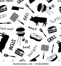 Pattern with icons and lettering: beef, steak, grill, meat knife, barbecue. Naive hand style. Butcher attributes. Vector illustration - Vector.