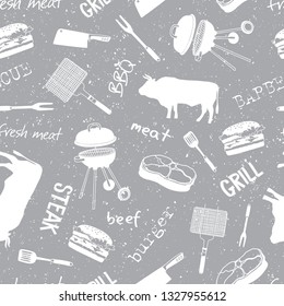 Pattern with icons and lettering: beef, steak, grill, meat knife, barbecue. Vintage style. Butcher attributes. Vector illustration - Vector.