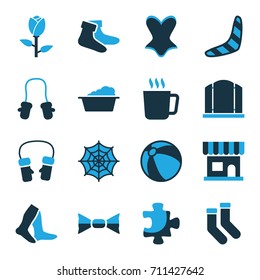 Pattern icons set. set of 16 pattern bi-color icons such as rose, mug, puzzle, beach ball, boomerang, baby mitten, beauty salon, gate, laundry, spider web, socks, corset