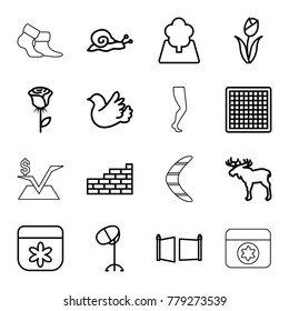 Pattern icons. set of 16 editable outline pattern icons such as moose, snail, flower, hair dryer, rose, chess board, bird, tree, gate, brick wall, boomerang, socks, tights
