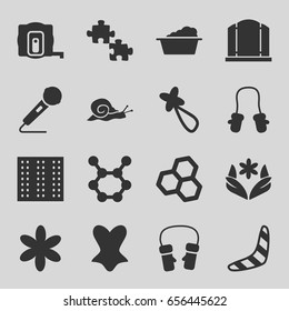 Pattern icons set. set of 16 pattern filled icons such as field, snail, measure tape, boomerang, baby mitten, gate, flower, hair barrette, laundry, corset, mittens, microphone