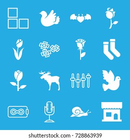 Pattern icons set. set of 16 pattern filled and outline icons such as rose, moose, snail, beauty salon, socks, devil heart with wings, bird, flower, brick wall, microphone