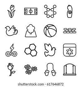 Pattern icons set. set of 16 pattern outline icons such as beach ball, baby mitten, gate, flower, water bottle, bird, rose, tree, brick wall, spring rotate, endless battery