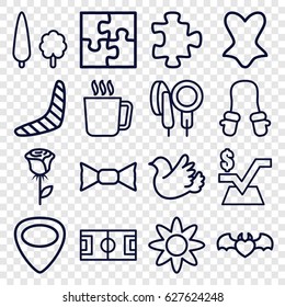 Pattern icons set. set of 16 pattern outline icons such as mug, puzzle, boomerang, baby mitten, corset, bow tie, mathematical square, devil heart with wings, bird