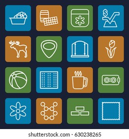 Pattern icons set. set of 16 pattern outline icons such as mug, moose, field, brick wall, beach ball, gate, flower, carpet, laundry, mathematical square, guitar mediator