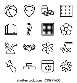 Pattern icons set. set of 16 pattern outline icons such as field, brick wall, beach ball, gate, flower, hair barrette, tights, mathematical square, heart angel wings